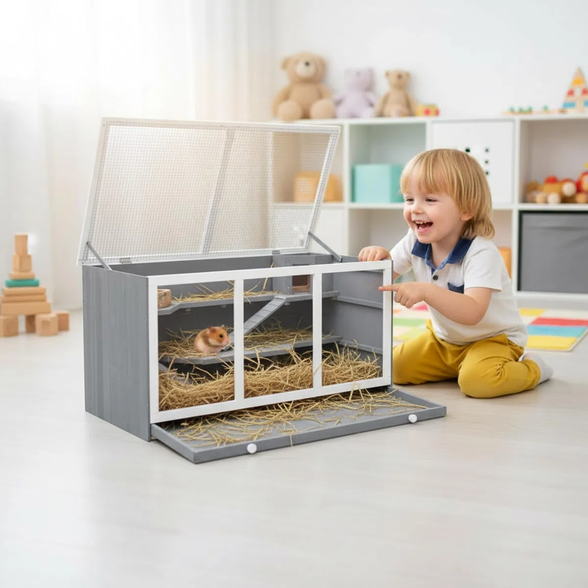 Mucola Kleintierkäfig aus Holz mit Plexiglasfront – 3 Etagen Nagerkäfig für Kaninchen, Meerschweinchen, Hamster – mit Häuschen, herausziehbarer Schublade, großer Kleintierstall Indoor