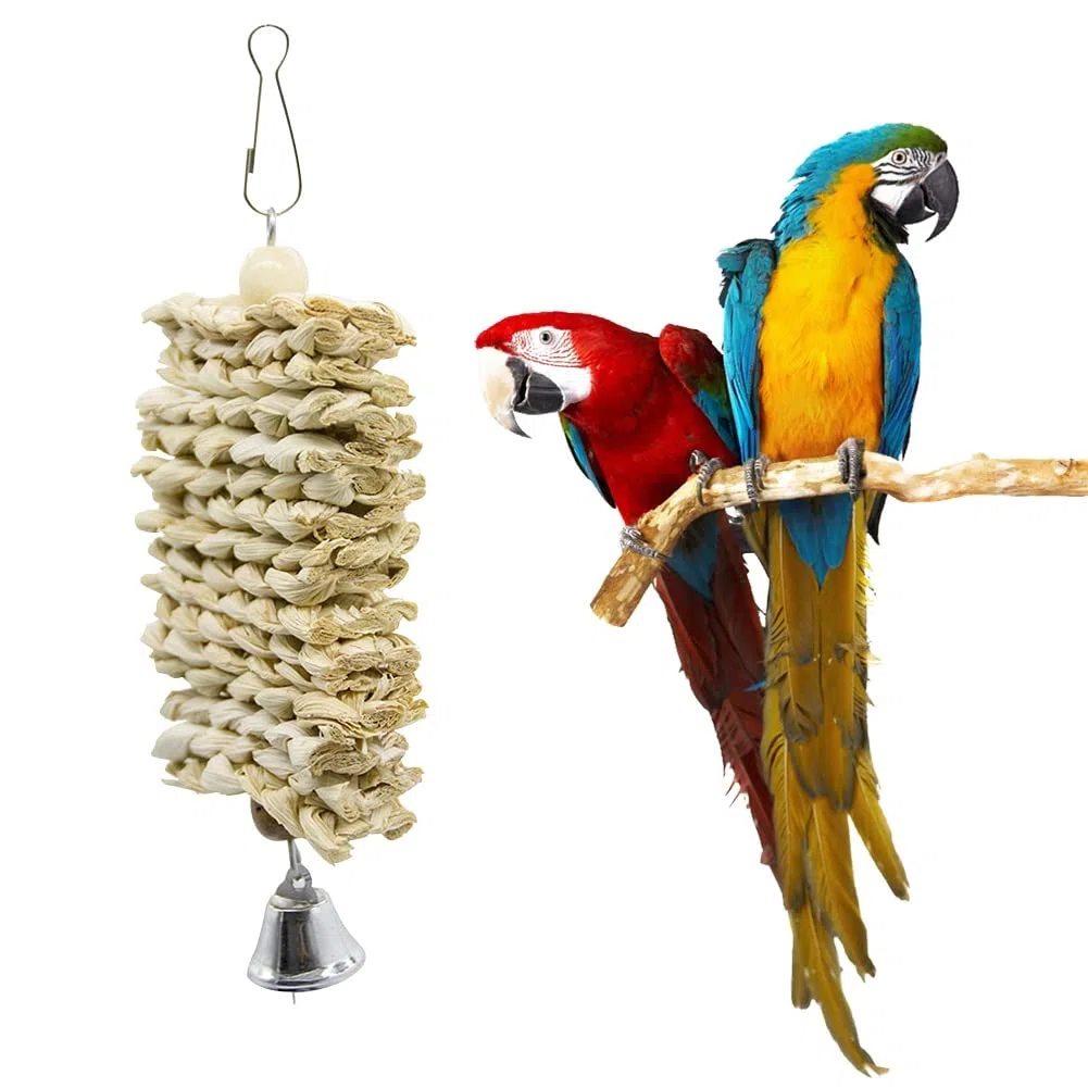 ArinkO Kauspielzeug für Vögel und Papageien aus natürlichem Maisrumpf aus Holz: Schaukeln, Klettern und Beißen mit Glocke – hängendes Käfigspielzeug