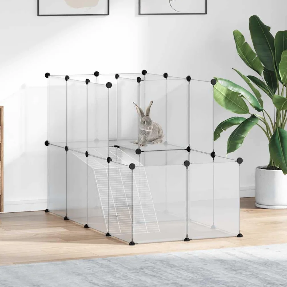 Transparenter Kleintierkäfig 142 x 74 x 93 cm aus PP und Stahl, faltbar und erweiterbar, mit Etage, Rampe und Gitter für Kaninchen, Meerschweinchen, Hamster, Innenbereich