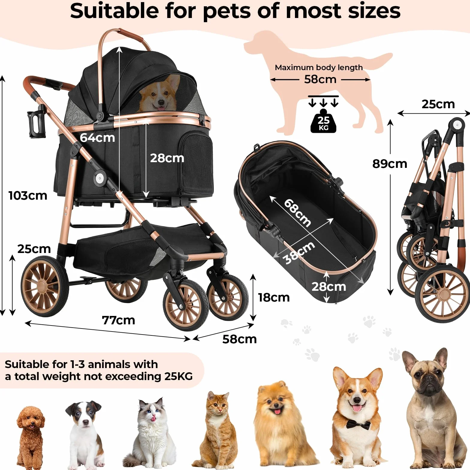 MAMIZO 4 in 1 Hundewagen, Hundebuggy bis 25kg, 4 PCS Gummiräder mit Stoßdämpfung, Faltbar Hund Kinderwagen, Hunde Buggy, Hundebuggy Hunde, Geländegängig, Katzenwagen, Schwarz