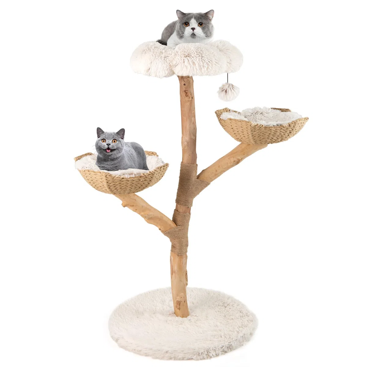 GOPLUS Kratzbaum Holz, Katzenbaum 122 cm mit 2 Rattan-Körbchen, Kratzstamm aus natürlichem Jute, blütenförmige Sitzplattform, Plüschball & erweiterter Basis, Kletterbaum für Katzen, Indoor Katzenmöbel