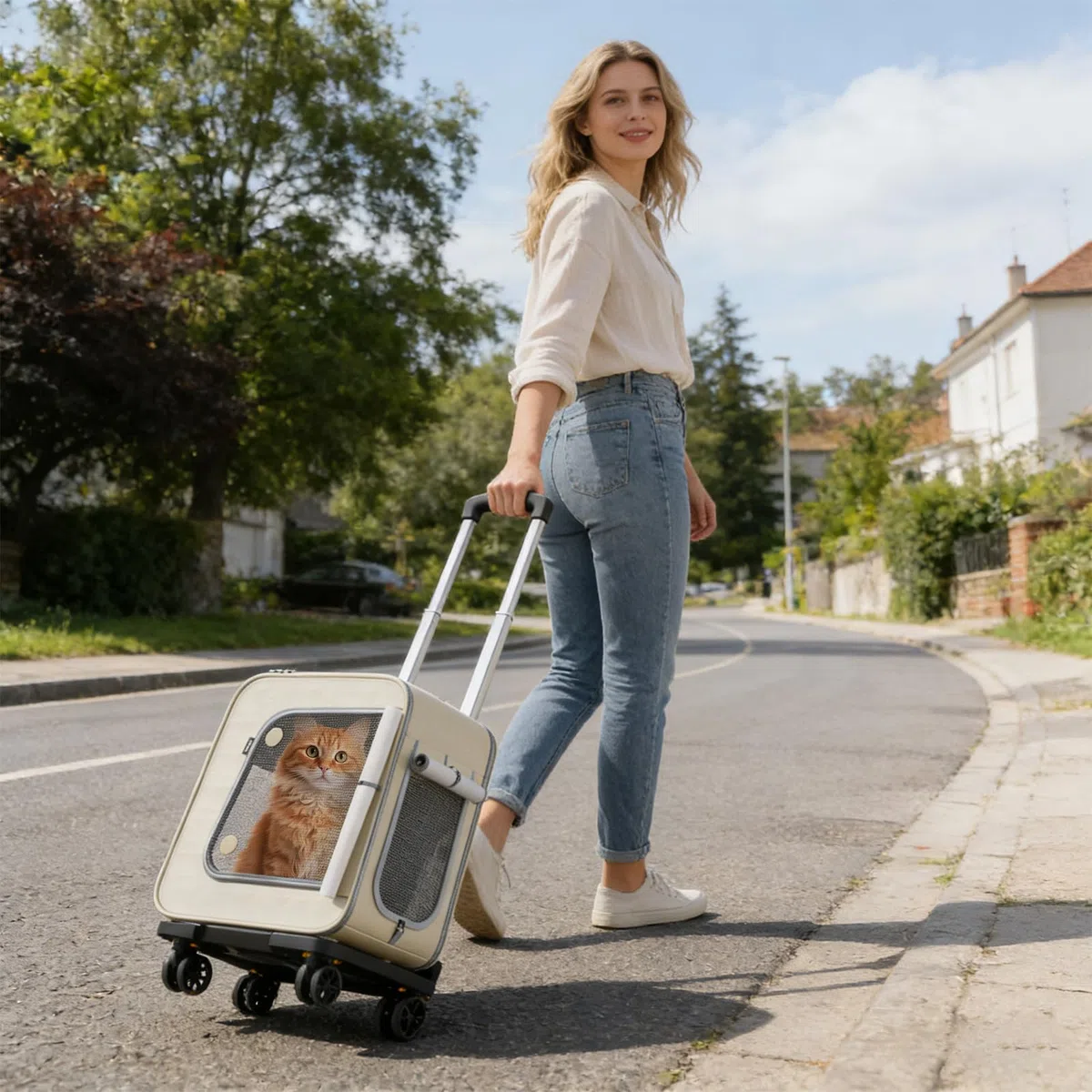 PETCUTE 3 in 1 Hunderucksack Katzenrucksack mit Trolley,Haustiertragetasche für Große Katzen und kleine Hunde,Faltbare Atmungsaktive Haustier Rucksack mit Innerer Sicherheitsleine und Haustiermatte
