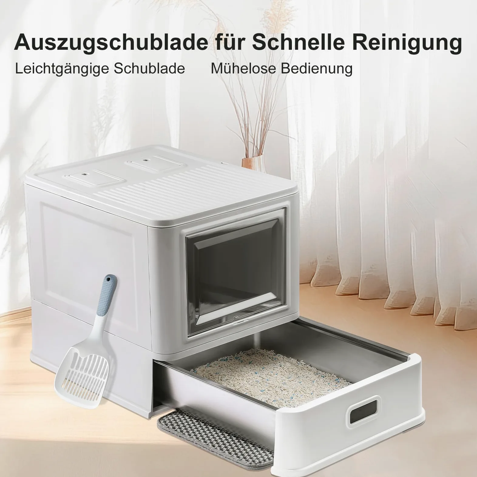 Marchul XL Katzentoilette, Geschlossene Katzentoilette aus Edelstahl mit Deckel und Schubladen-Design, Hohe Seitenwände mit Spritzschutz, Tiefere Schale mit Schaufel und Matte, Eruchsneutral