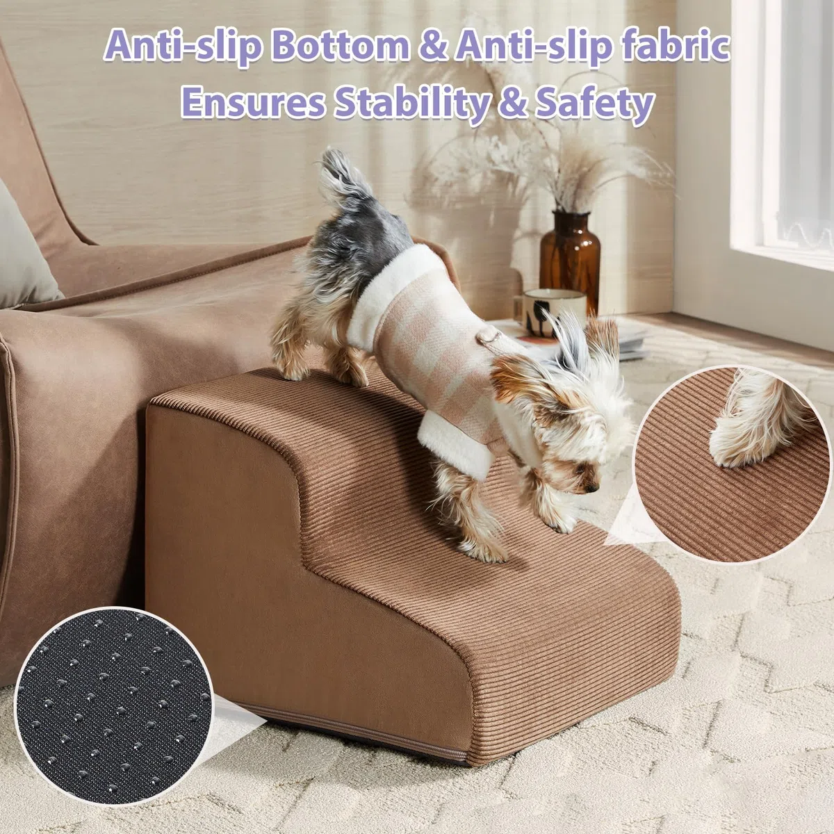 LEXTRO Dog Stairs for Small Dogs, 3-Steps Dog Ramp for Bed and Couch, Pet Stairs with Highly Supportive Foam and Non-Slip Bottom, Dog Steps for Cat & Doggie (High 15.7 Inch)