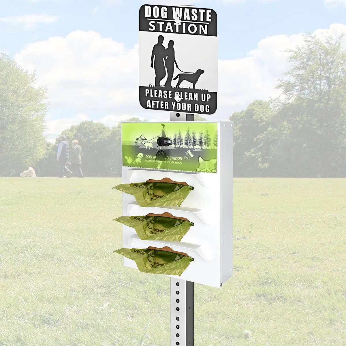 Hundekotbeutelspender aus Metall, Wandhalterung – 600 Rollbeutel im Lieferumfang enthalten | Pet Waste Station Pet Waste Bag Dispenser with Pick Up After Your Dog Schild (leuchtet im Dunkeln)