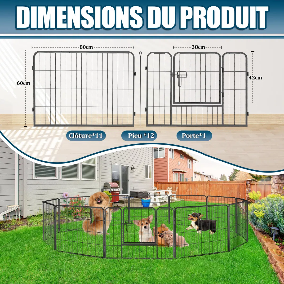 Welpenlaufstall 12 Teiliger Zaun, Freigehege Metall 60cm Hoch | Gitter Hundelaufstall mit Tür, Modulbarer Welpenauslauf für Hunde, Katzen & Kleintiere, Plibares Gehege für Garten
