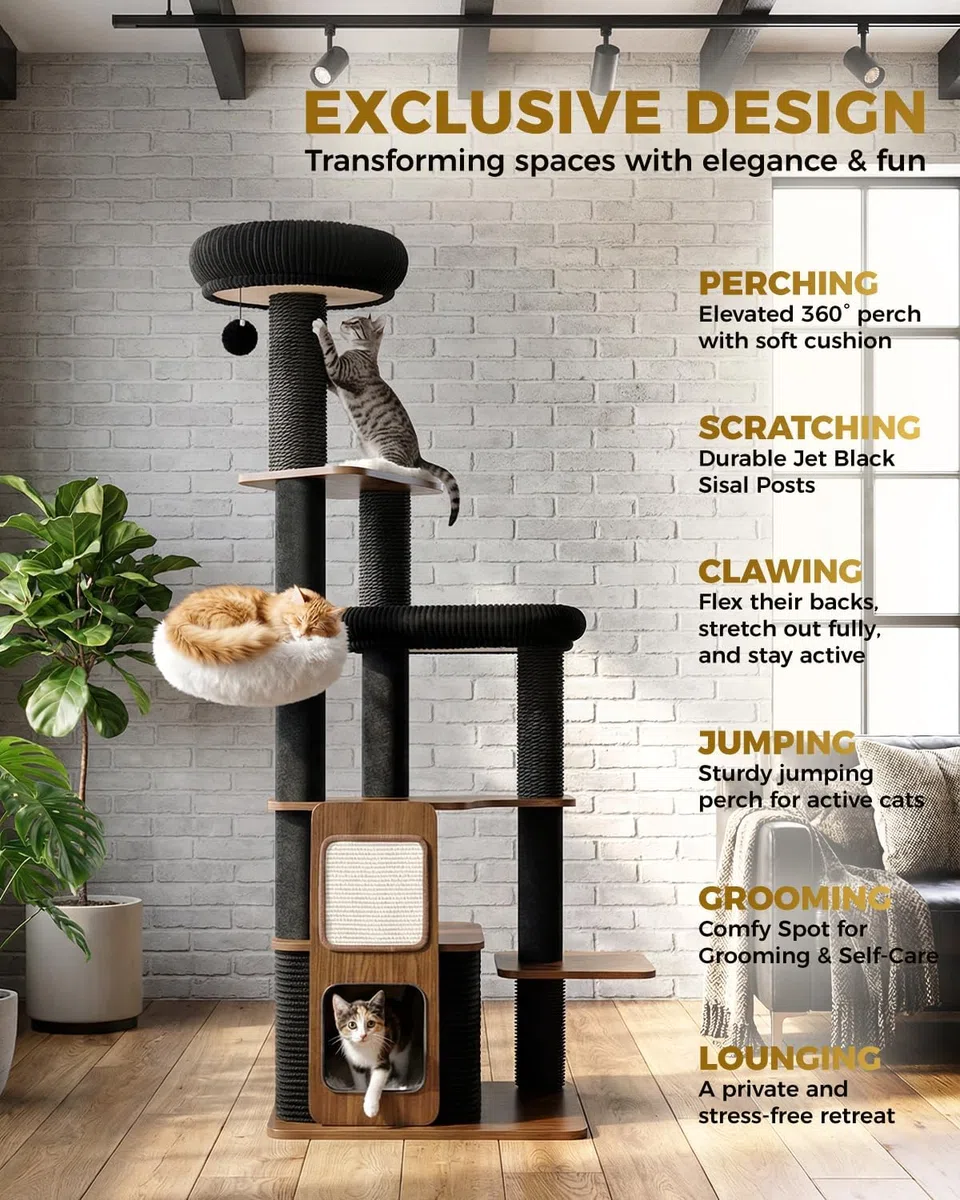 160 cm Kratzbaum für große Katzen, Stabiler Katzenbaum für Maine Coon, XXL Katzenkratzbaum für Wohnungskatzen, hohe Kletterbaum mit Sisal Kratzstämmen, extra große Liegefläche, Katzenhöhle, Schwarz
