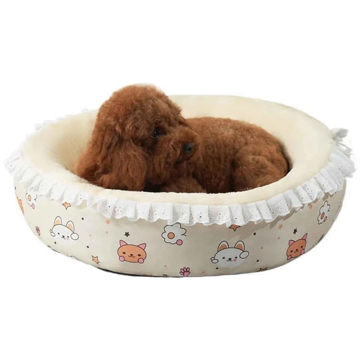 Haustier-Sofa, Katzen Sofa, Hundebett Flauschig, Katzenbett, Donut Katzenkissen Waschbar Mit rutschfest Unterseite, Bequemes Haustier Schlafbett,Beige,L