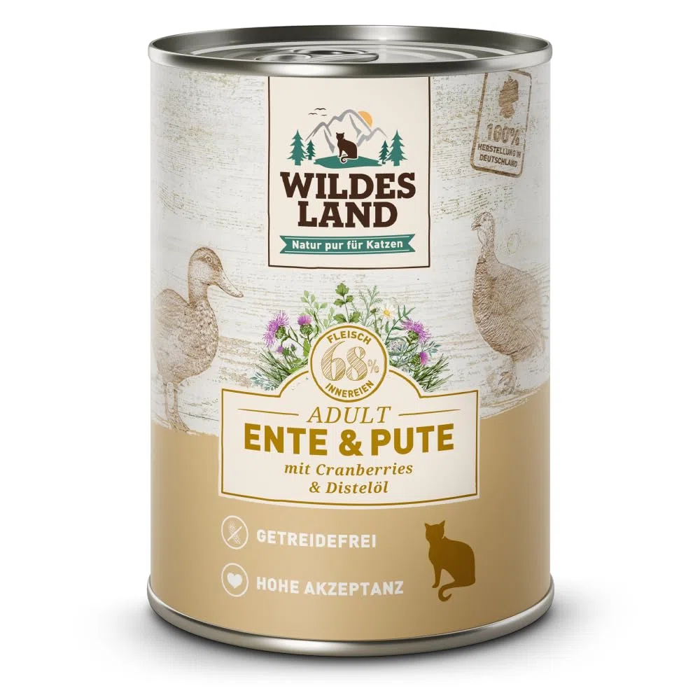 Wildes Land - Ente und Pute mit Distelöl - Classic Adult Nassfutter für Katzen - 24 x 400 g