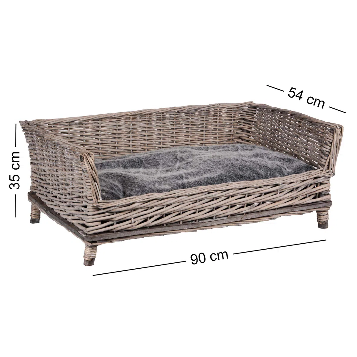 UNUS Hundebett Hundekorb Hundekörbchen aus Weide eckig mit Kissen grau für große und kleine Hunde 88 cm Breite