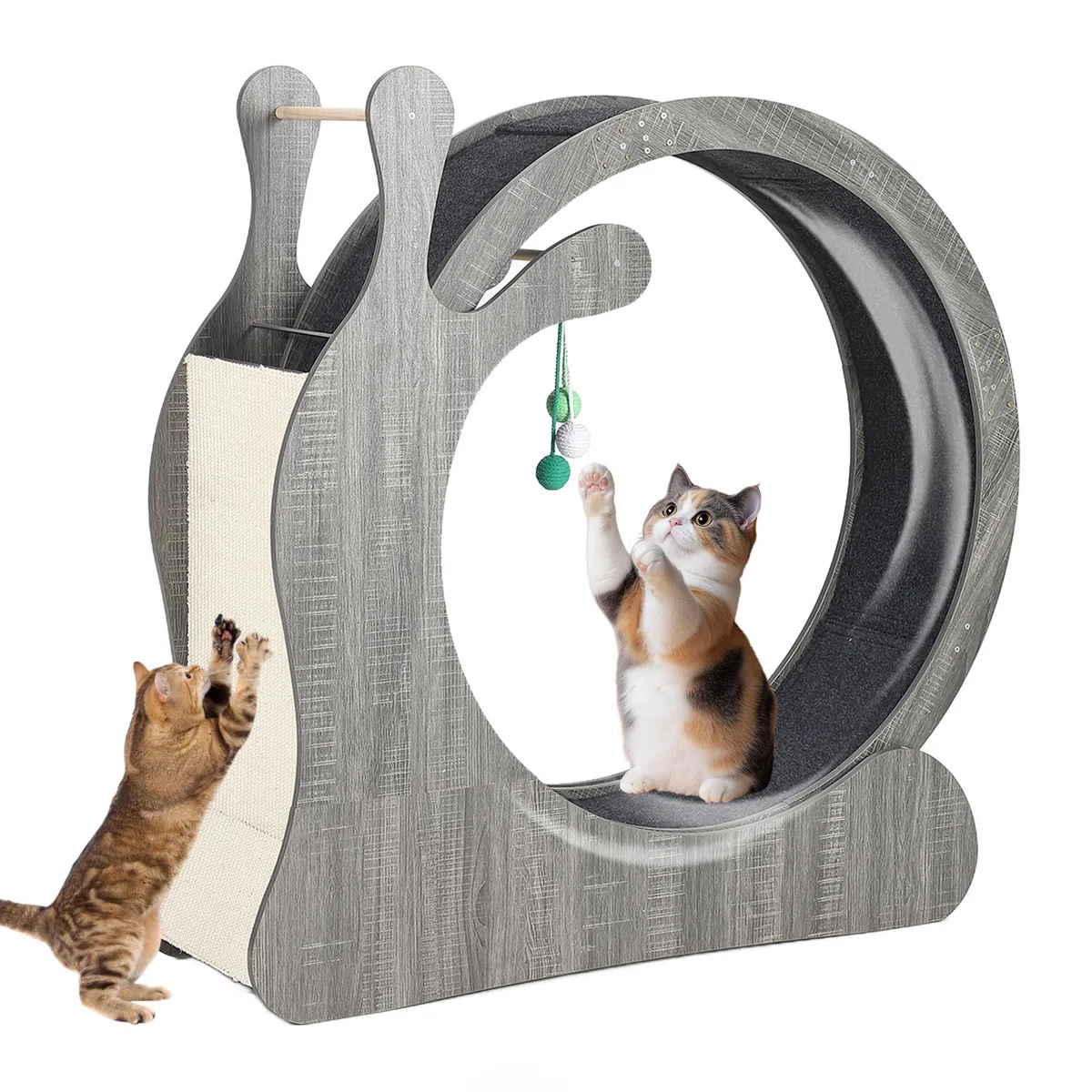 Großes Katzenlaufrad, Katzenrad für Indoor-Katzen, 85,1 cm Innendurchmesser, Holz, Haustier-Laufband mit Kratzbrett und Spielbällen, leiser Katzenradtrainer, Grau