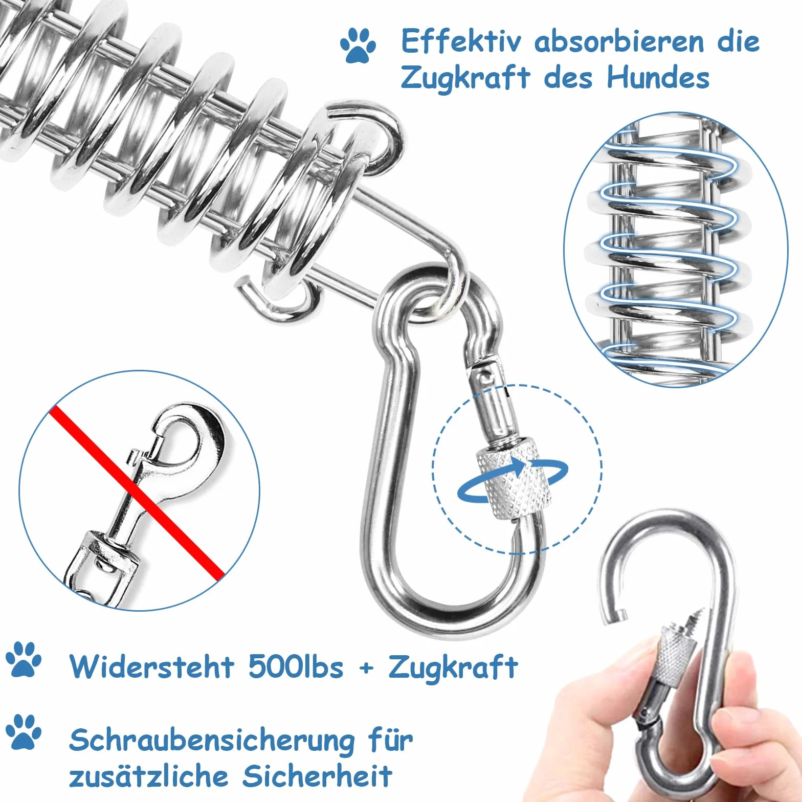 Hofleine für große Hunde,Tie Out Cables Leinen Hofleine für Hunde, stoßdämpfender Feder,langlebiger und Leichter Drehhaken für Hof und Camp,rostfreie Pet Leine für mittlere bis große Hunde,9 Meter