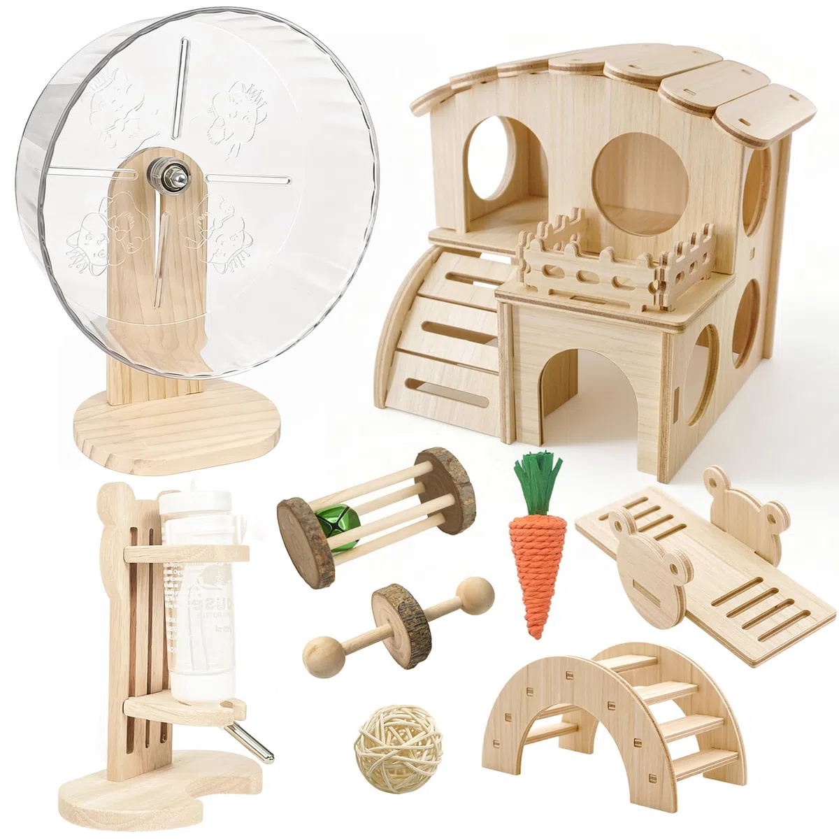 Hamsterkäfig-Zubehör-Set, lautloses Übungsrad, Labyrinth-Holzversteck, Wasserflasche mit Halterung, Kauspielzeug und interaktive Plattform für Hamster, Mäuse, Rennmäuse (All-in-One Habitat Enrichment
