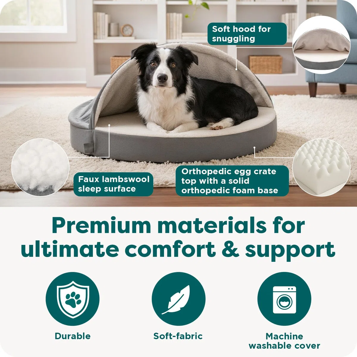 Furhaven Orthopädisches Hundebett für große Hunde, rund, mit abnehmbarem, waschbarem Bezug, für Hunde bis zu 36,3 kg – Sherpa & Wildleder Snuggery – Grau, 111,8 cm