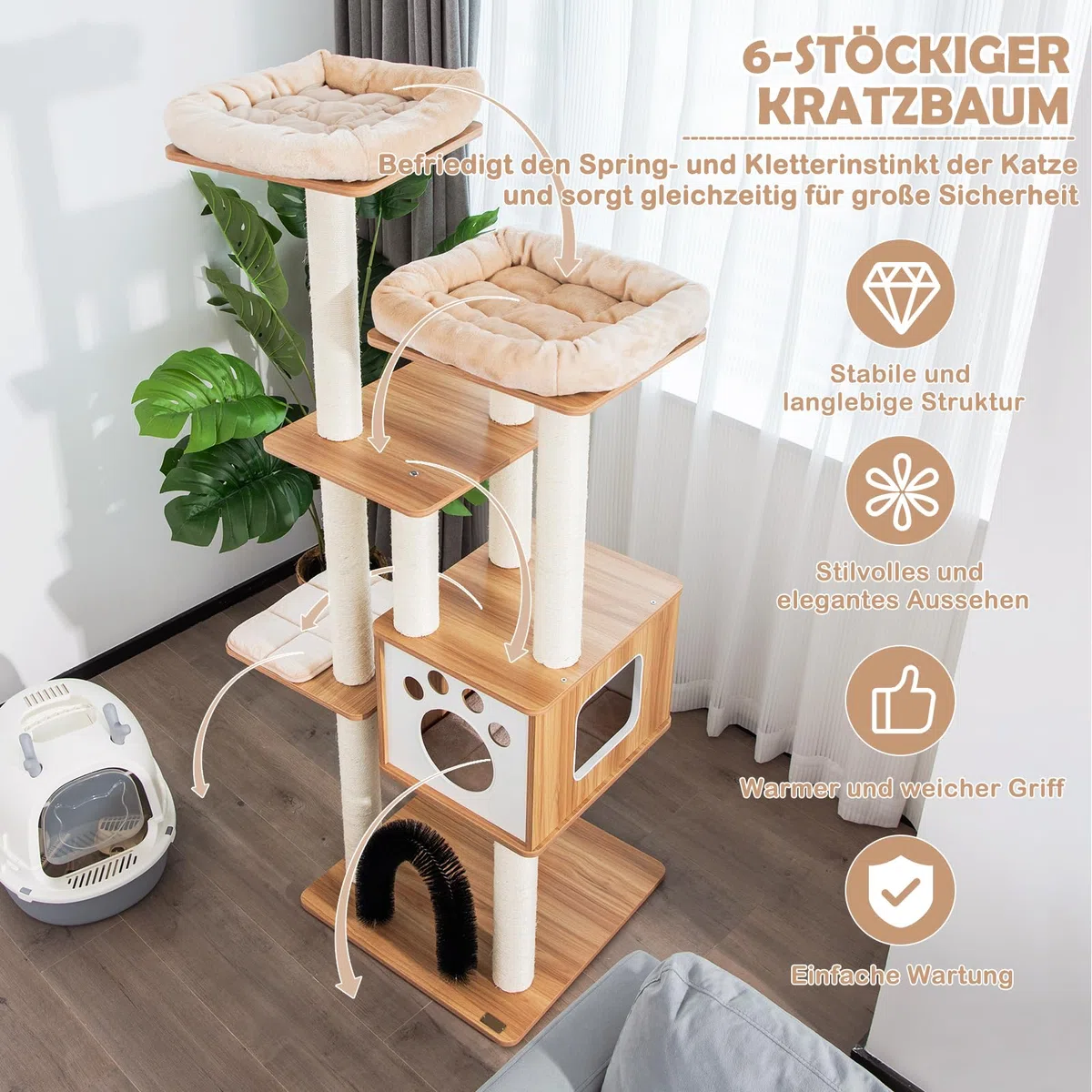 COSTWAY 6-stöckiger Kratzbaum Holz, 176cm Katzenbaum mit gemütlicher Matten & Höhle & Katzenbogen, Katzenkratzbaum Groß, Katzen Katzenmöbel, Kletterbaum Aktivitätsbaum Spielbaum, Beige