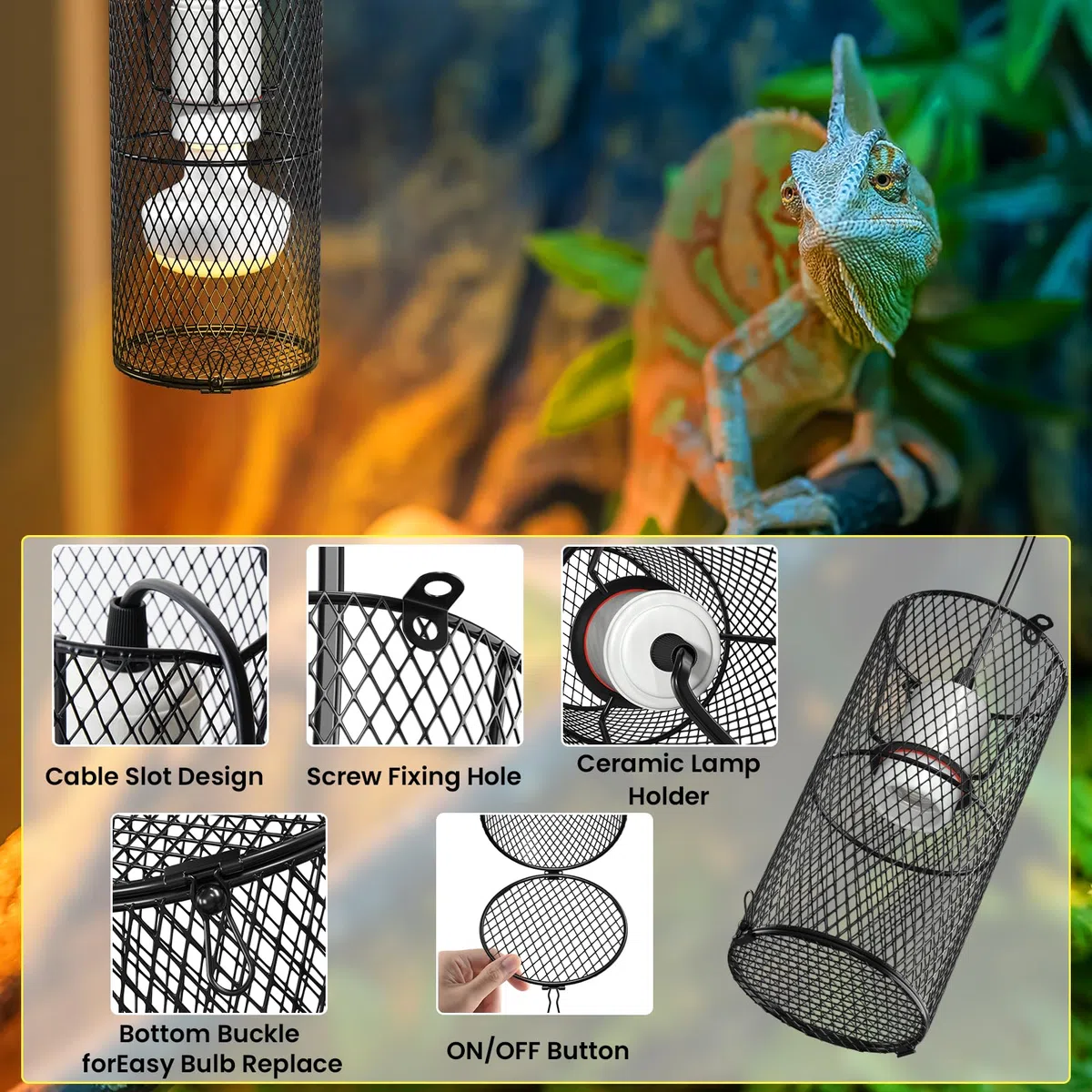 Reptilien-Wärmelampenschutz, 2 Stück, mit 150 W E26 Keramik-Halterung, Verbrühungsschutz, Netzkäfig, Reptilienlampe mit An-/Aus-Taste, Paar