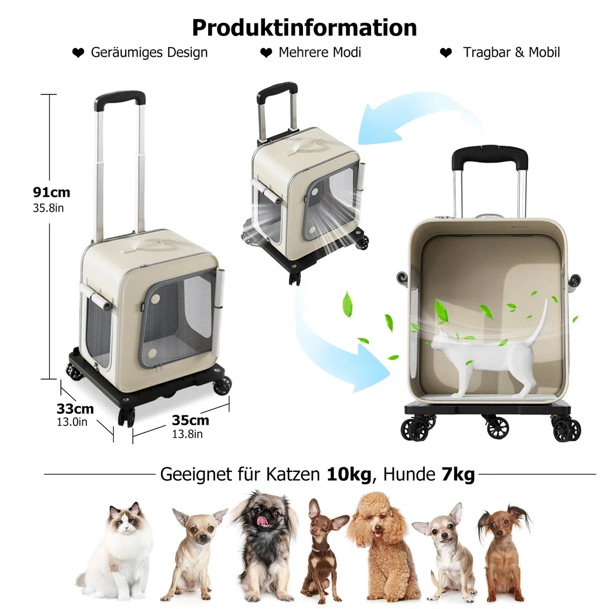 PETCUTE 3 in 1 Hunderucksack Katzenrucksack mit Trolley,Haustiertragetasche für Große Katzen und kleine Hunde,Faltbare Atmungsaktive Haustier Rucksack mit Innerer Sicherheitsleine und Haustiermatte