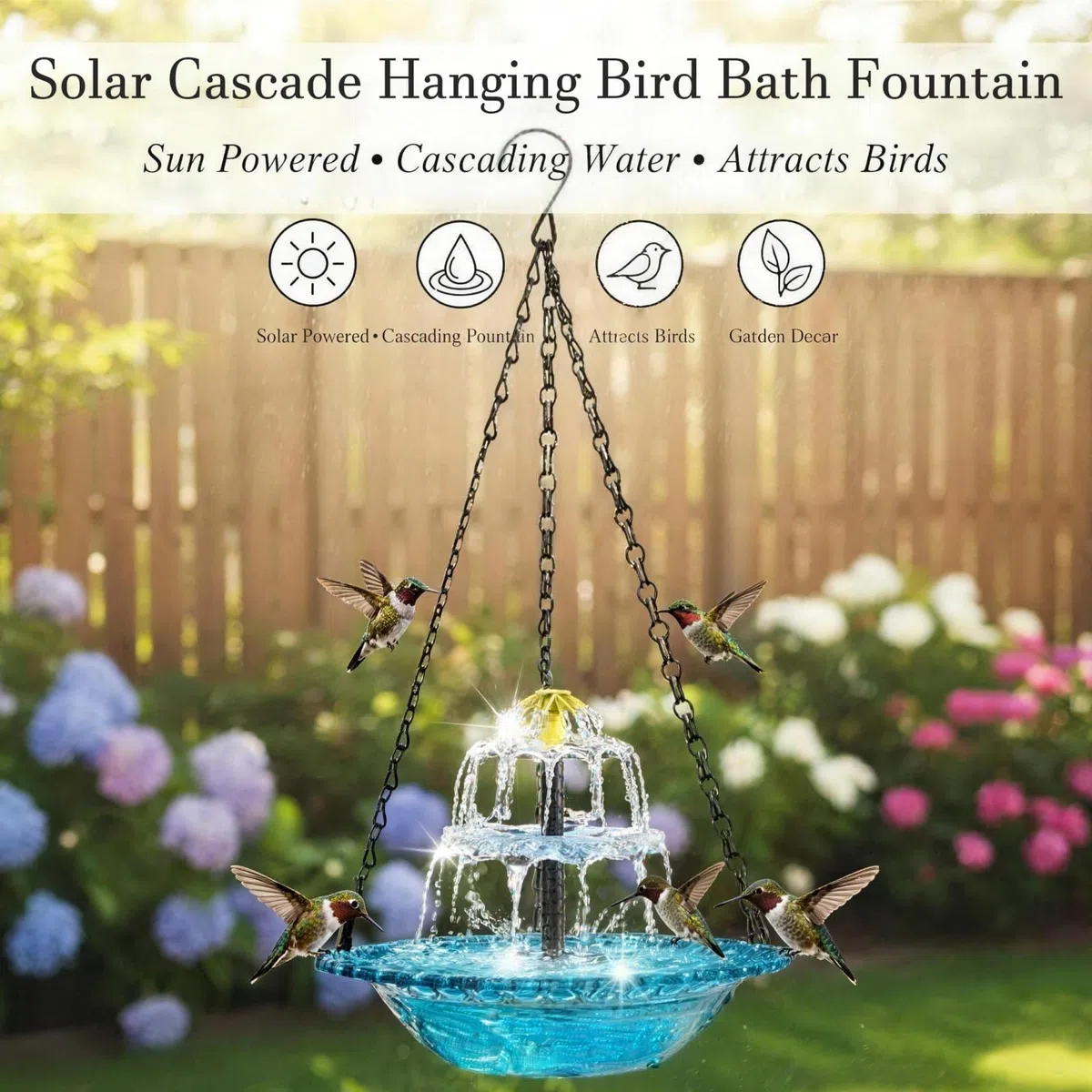 Solar Cascade Hängende Vogeltränke Brunnen Outdoor Hängende Vogeltränke mit Solarbrunnen Glasschale Solarpumpe Dekorative Gartenfunktion Zieht Kolibris an (Blau, A (Einzelstöckiger Brunnen))