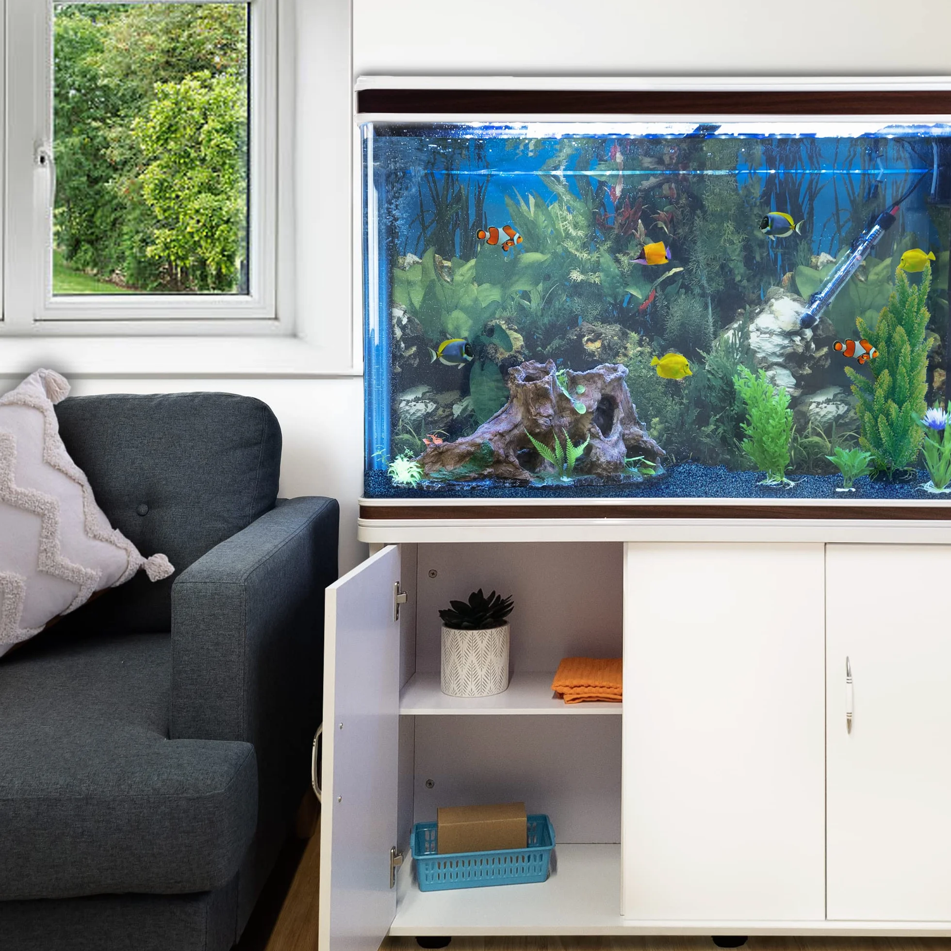 MonsterShop Aquarium Starter Komplettset Aquarium mit passendem Unterschrank inklusive Aquarienpflanzen Blauer Kies Aquarium Hintergrund 143.5cm H x 120.5cm B x 39cm T