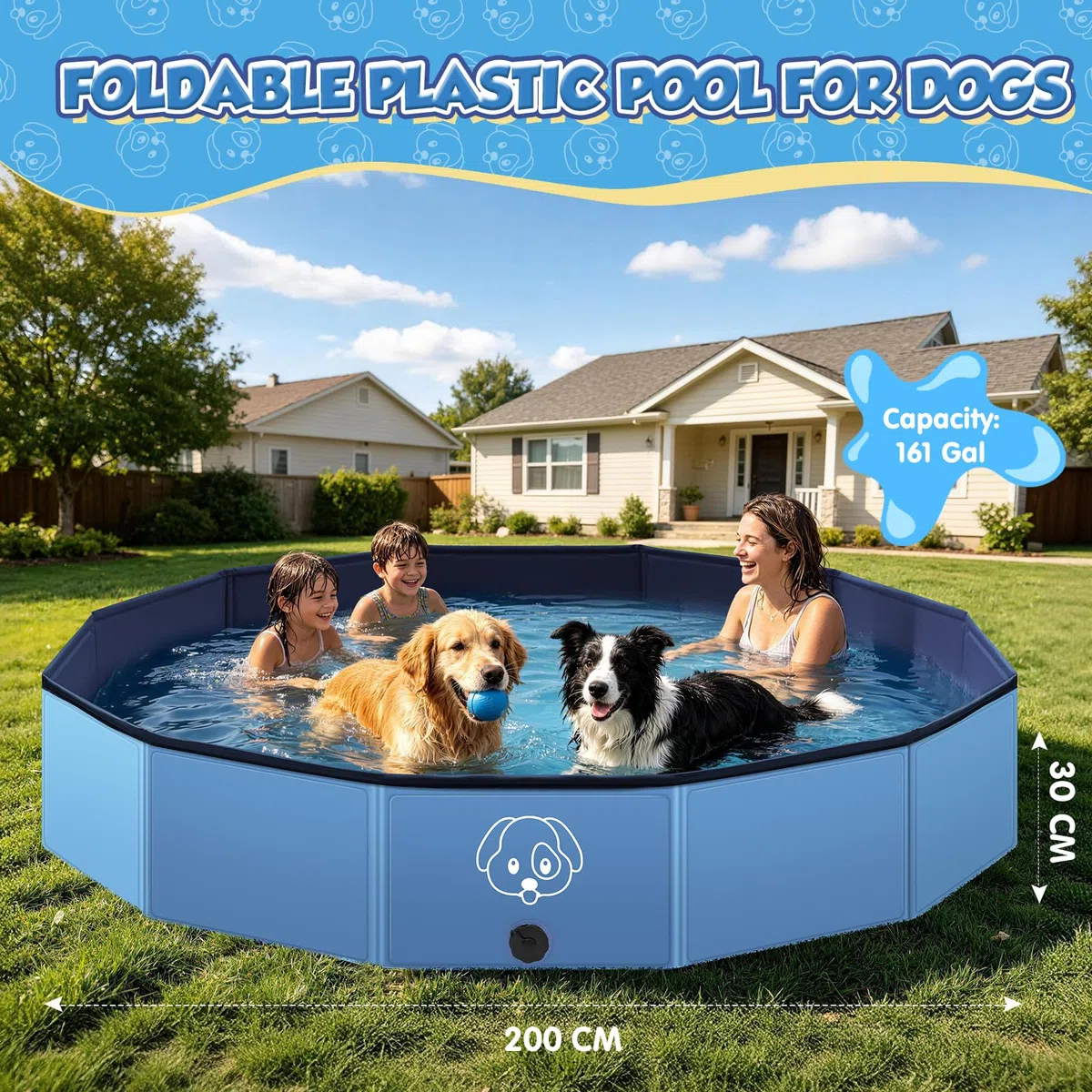 Hundepool große Hunde Anti-Rutsch PVC Faltbare Tragbar Hunde Planschbecken 200x30CM Outdoor Garten