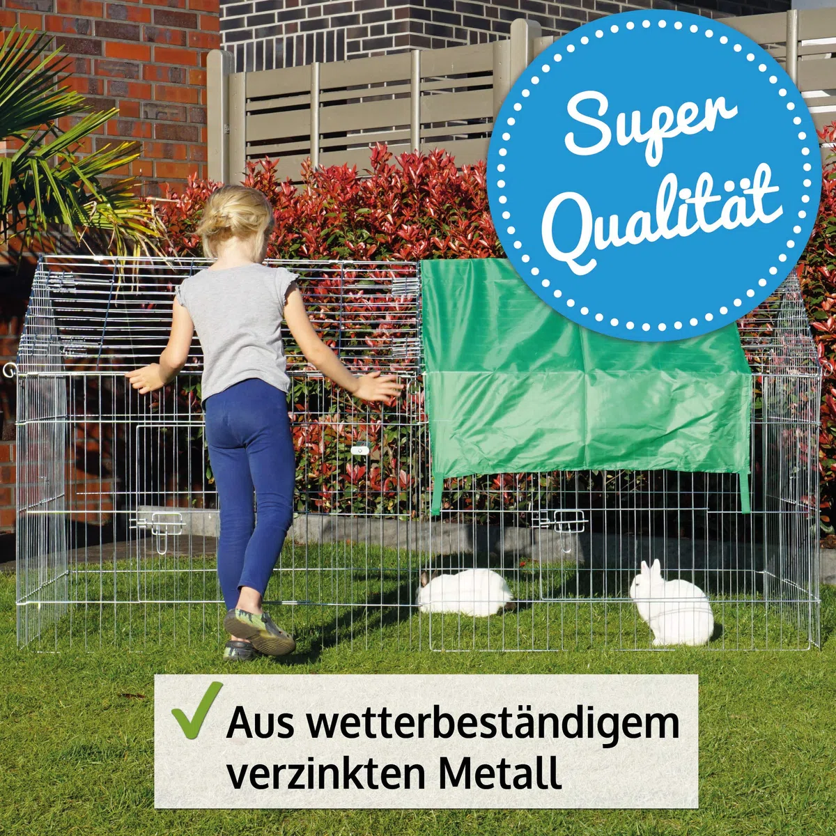 zooprinz Mobiles Außengehege mit Satteldach und Sonnenschutz | Für Hühner und Kaninchen im Garten, wetterfestes stabiles Metall, platzsparend verstaubar, 2 Größen zur Wahl