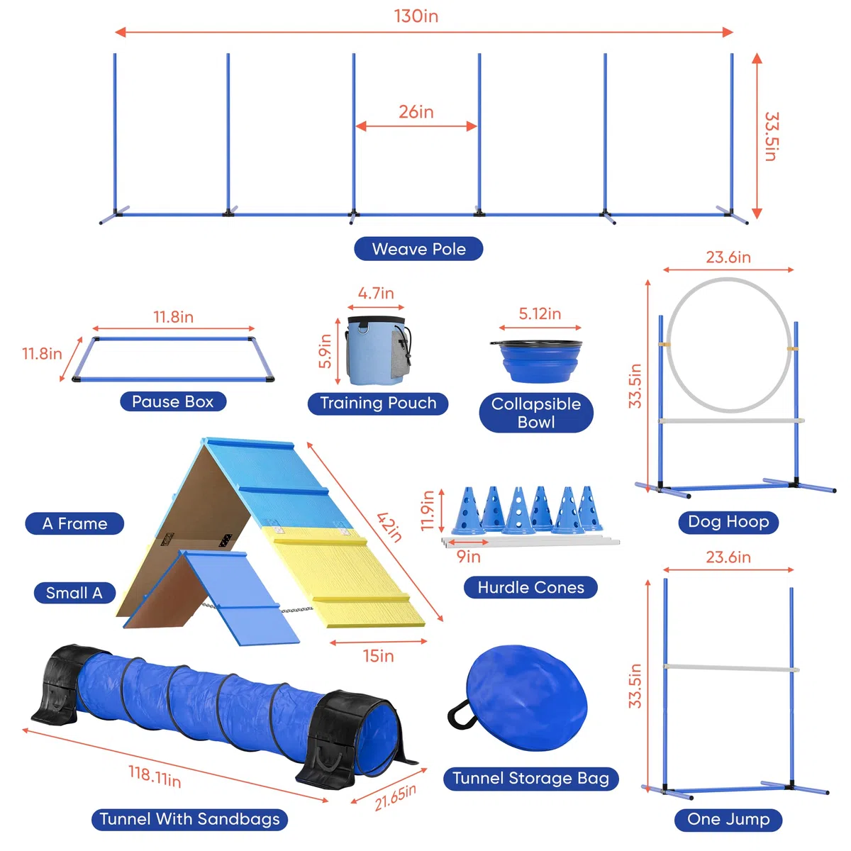 FetchFlow Agility-Ausrüstung für Hunde – Komplettes Hunde-Agility-Kurs-Hinterhof-Set mit geflochtenen Stangen, A-Rahmenleiter, Kegeln, Hunde-Springreifen, Hunde-Agility-Tunnel-Sandsäcken, robustes