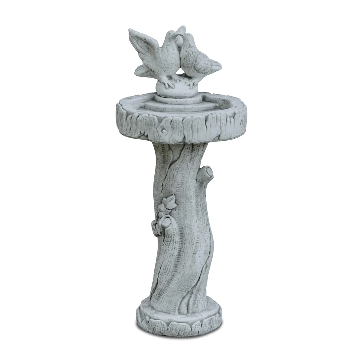 gartendekoparadies.de Vogeltränke mit Taubenpaar, 91 cm hoch, Steinguss Baumstamm-Design, 2,5 Liter, Frostfest, Grau