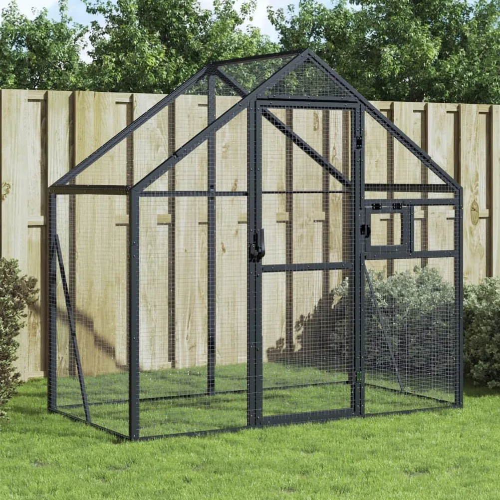 Voliere Anthrazit aus Aluminium, 179 x 100 x 185 cm, vogelkäfig mit Gitter und Dach, für Garten Balkon Zimmer, geeignet für wellensittich, papagei, kanarienvogel, nymphensittich