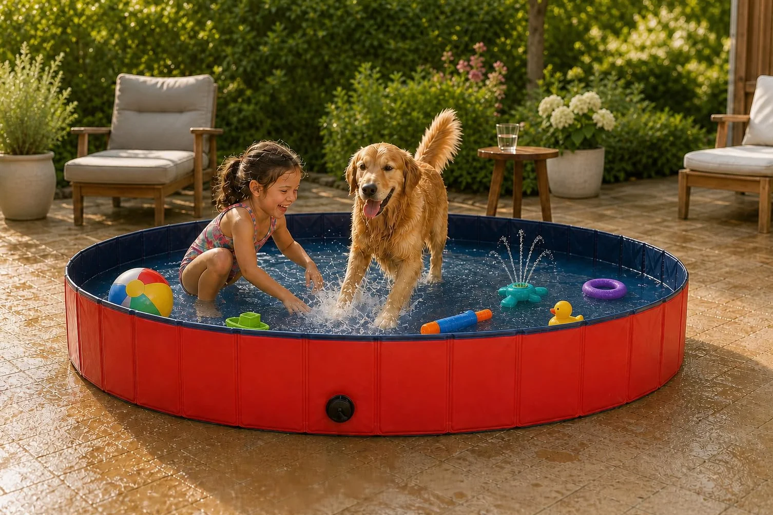 lionto Hundepool faltbar aus kratzfestem PVC-Material, Ø 160 cm, Höhe 30 cm, Anti-Rutsch-Belag & Abflussstopfen für schnelle Entleerung, Keine Pumpe benötigt, robuster Kinderpool, blau/rot