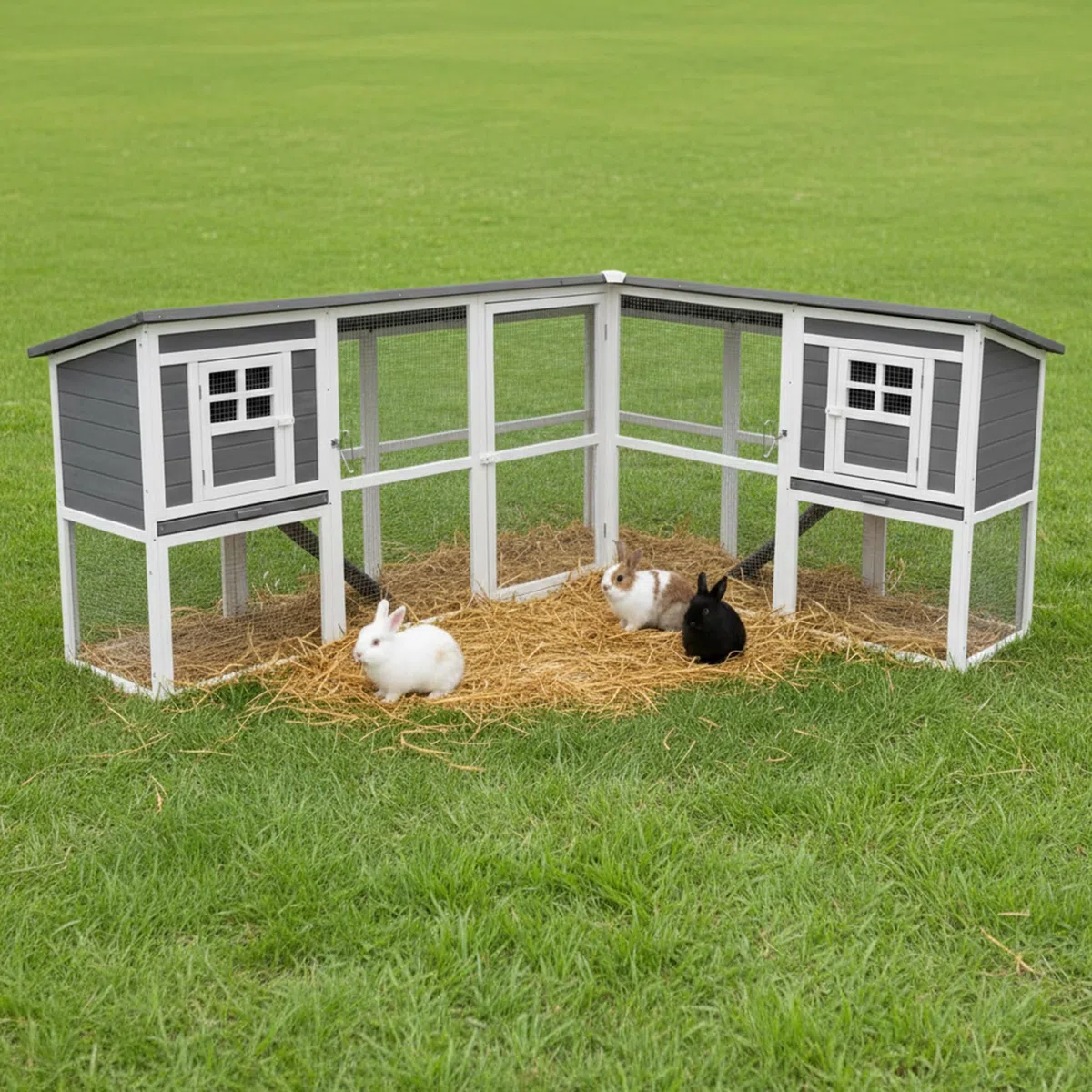Mucola Kleintierstall Kaninchenstall mit Freilaufgehege 251x190,5x104 cm | 2 Etagen mit 2 Rampen, 2 Stallkammern, wetterfestes Fichtenholz Grau Weiß, bodenfreier Auslauf, auch für Hühner geeignet