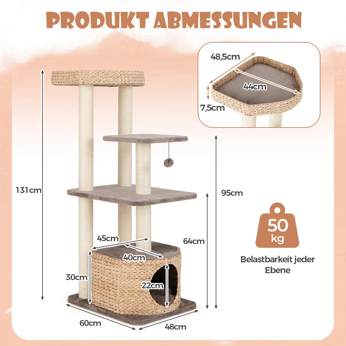 COSTWAY Kratzbaum mit Katzenhöhle, 131 cm hoch, Katzenbaum mit Plattformen & Ball & Sitzstange und Kissen, Kletterbaum aus Rohrkolben & Sisal, Katzenkratzbaum Katzen Klein, Kaffee+Natur