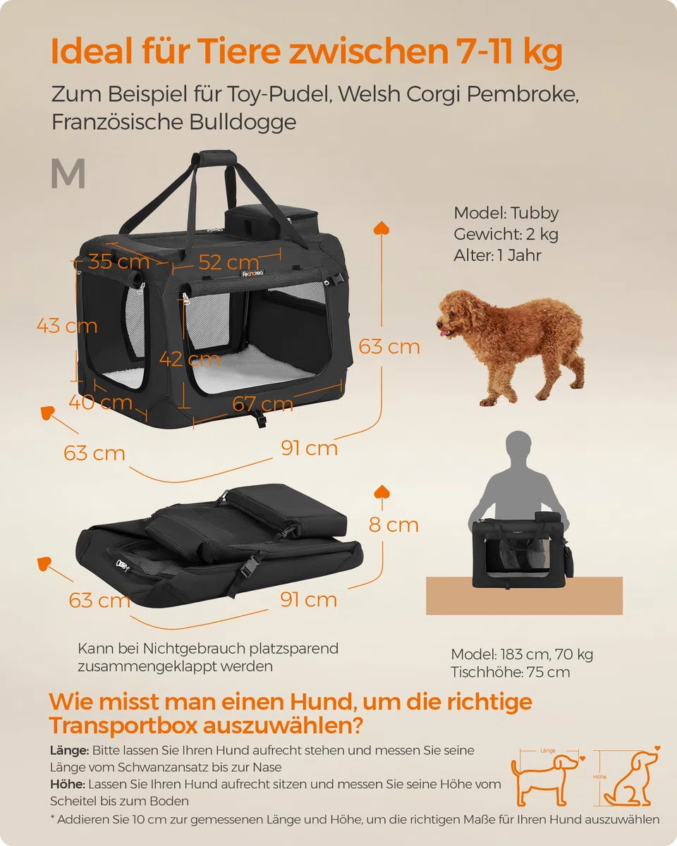 Feandrea Hundebox faltbar, Transportbox Hund, M, Hundetasche, Oxford-Gewebe, Netzstoff, atmungsaktiv tragbar transportabel, Metallrahmen, mit Griffen, Taschen, 60 x 42 x 42 cm, schwarz PDC60H