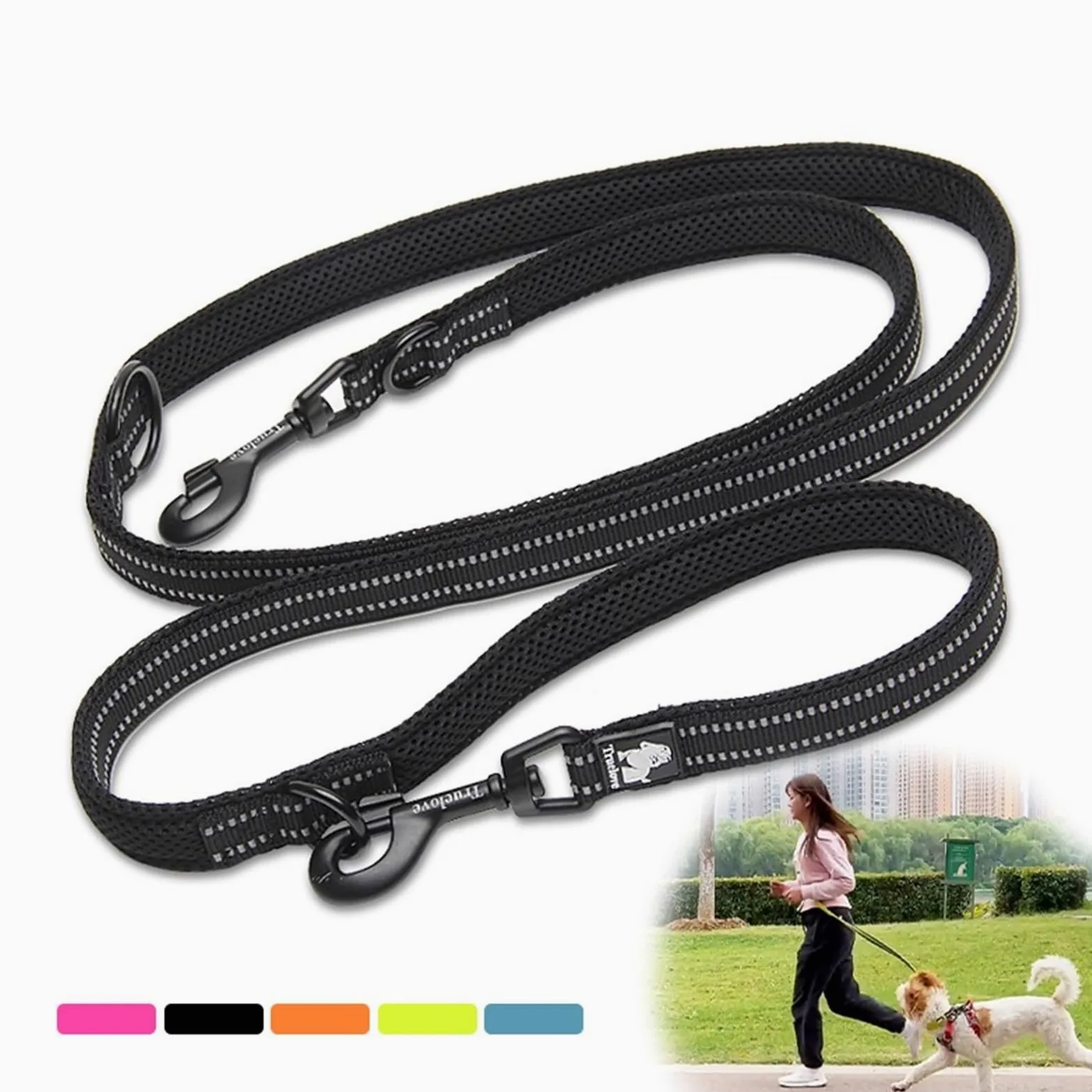 7 in 1 Nylon Handfreier Hundegurt for Spazierengehen Doppelhaken Multifunktionaler Hunde-Doppelgurt Joggingleine Hunde(Black,L)
