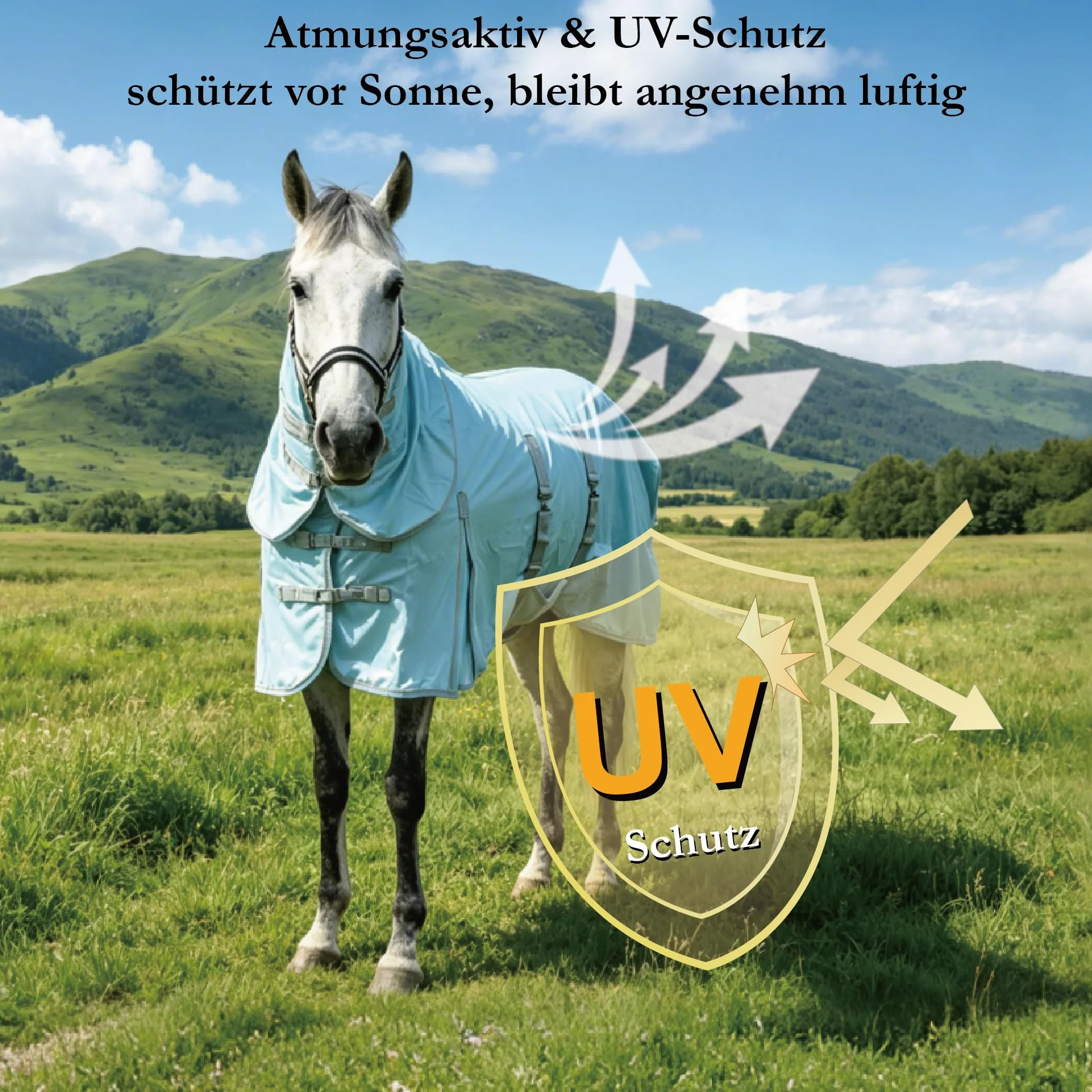 Fliegendecke Pferd mit abnehmbarem Halsteil & Bauchlatz, atmungsaktiv, UV-Schutz, reißfestes Mesh, Sommerdecke 150 cm