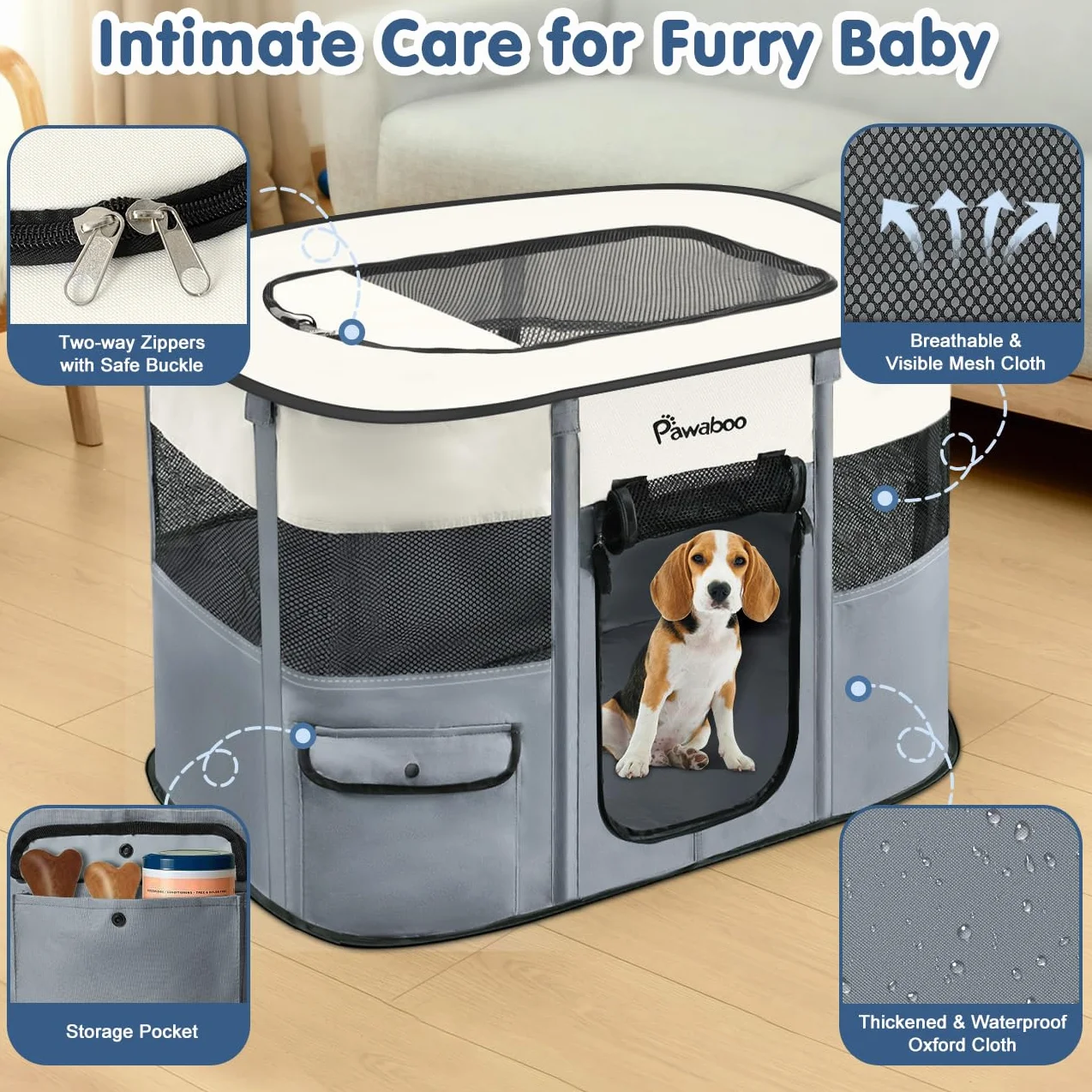 Pawaboo Tragbarer Haustierstall, Faltbarer Hundelaufstall mit Wasserdichtem Oxford, Katzengehege mit Reisetasche Faltbarem Napf, Indoor Outdoor Gebrauch für Welpe Katze Kaninchen, L, Grau