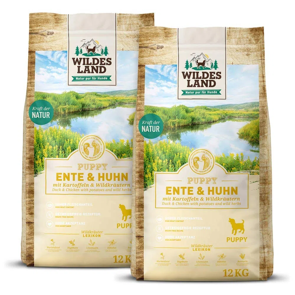 WILDES LAND – Huhn Puppy | Trockenfutter mit extra hohem Fleischanteil und natürlichen Zutaten für heranwachsende Hunde. Alleinfutter ohne Zusatzstoffe im Beutel | 24kg Huhn