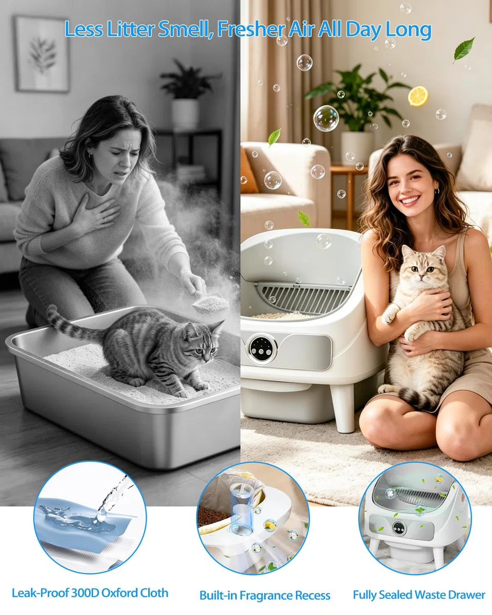 Katzenklo Selbstreinigend, Selbstreinigende Katzentoilette, Geruchsfrei | Automatisches Katzenklo, Offene Katzenklo, App-Steuerung, Sicher, Anti-Geruch, XXL, Einklemmschutz, Sofort Bereit