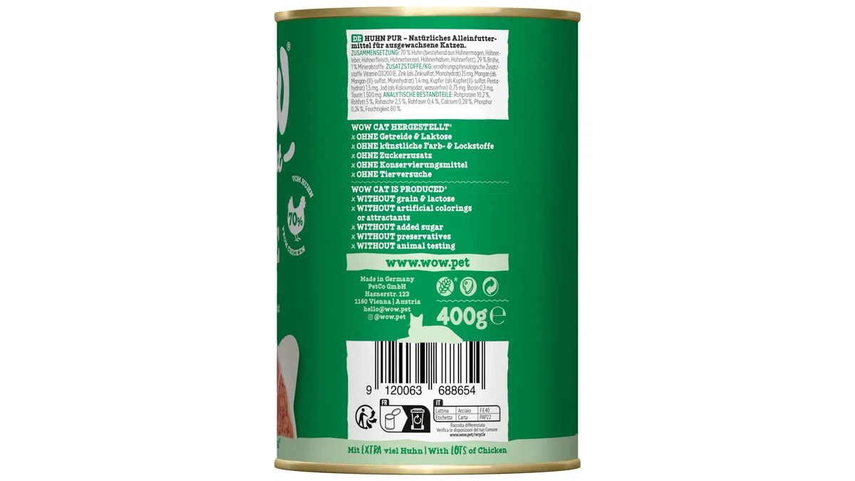 WOW Cat Adult Nassfutter Paté Huhn Pur 24 x 400g | ohne Getreide
