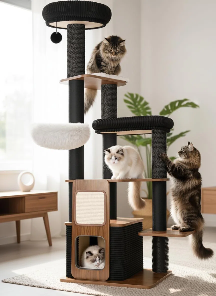 160 cm Kratzbaum für große Katzen, Stabiler Katzenbaum für Maine Coon, XXL Katzenkratzbaum für Wohnungskatzen, hohe Kletterbaum mit Sisal Kratzstämmen, extra große Liegefläche, Katzenhöhle, Schwarz