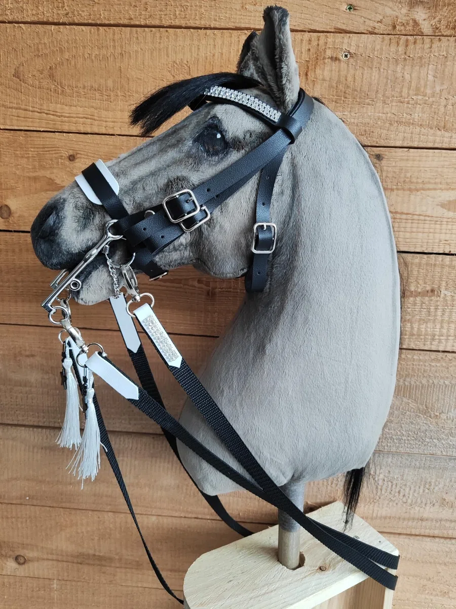 Hobby Horse Trense Kandare schwarz weiß unterlegt Zubehör für Steckenpferd Spielpferd