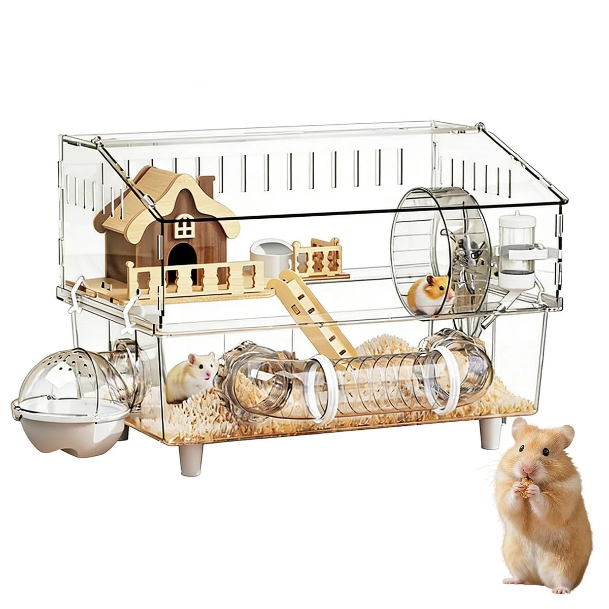 Großer Hamsterkäfig 2-stöckiger durchsichtiger Auslauf | Geräumiger Hamsterkäfig mit Trinkflasche und Toilette für Kleintiere wie Meerschweinchen, Beobachtung zu Hause oder