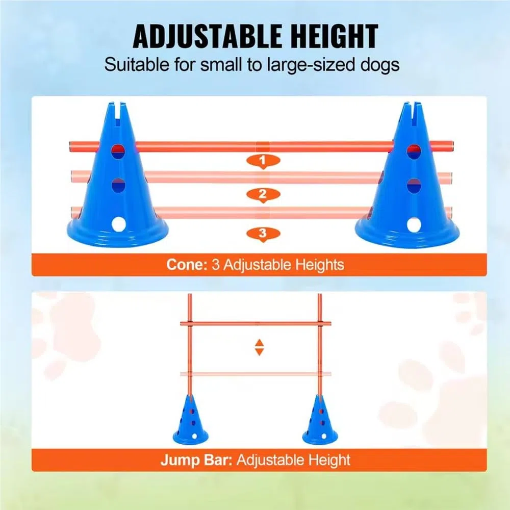 Agility Set Hunde Groß,Hindernisse Hobby Horsing,Agility-Trainingsausrüstung, Ausgestattet mit Hundetunnel,Hürden,8 Slalomstangen,2 Tennisballspielzeugen,Pausenbox, Markierungsstäben,3 Kurzen Stangen