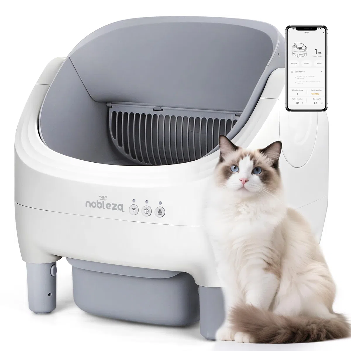 Nobleza - Selbstreinigende Katzentoilette SL03, App-Steuerung, Große Fassungsvermögen, offenes Design, für Mehrere Katzen (inkl. 2 Rollen Beutel & 1 Duftspender)