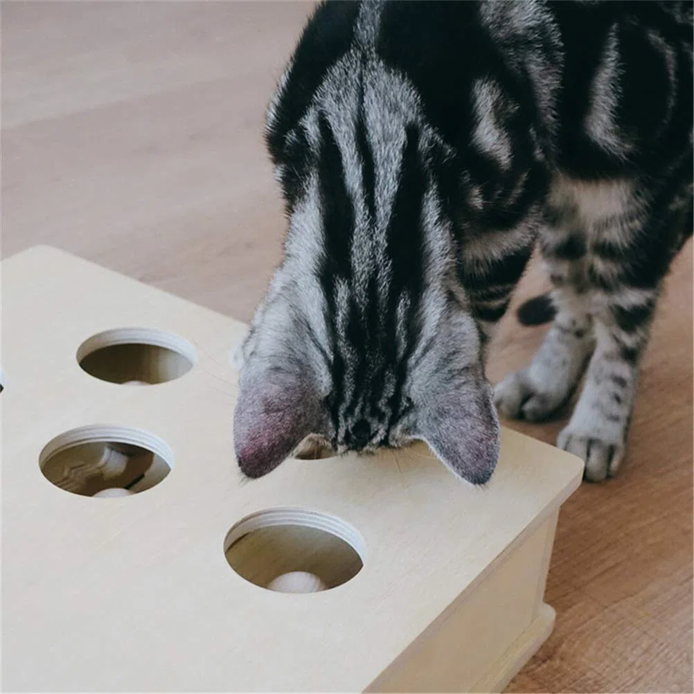 MU Katze Jagd Spielzeug Chase Maus Massive Hölzerne Interaktive Labyrinth Haustier Hamster Mit 3/5-Heiliger Maus-Loch Catch Bite Catnip Lustiges Spielzeug,3 Löcher