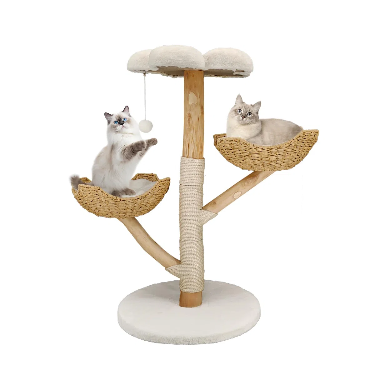 BingoPaw Kratzbaum Modern Katzenbaum Holz: 111cm Luxus Katzenkratzbaum mit 2 Weidenkorb Sisalstamm Sitzplattform Plüschball, Groß Katzenturm für mehr Katzen