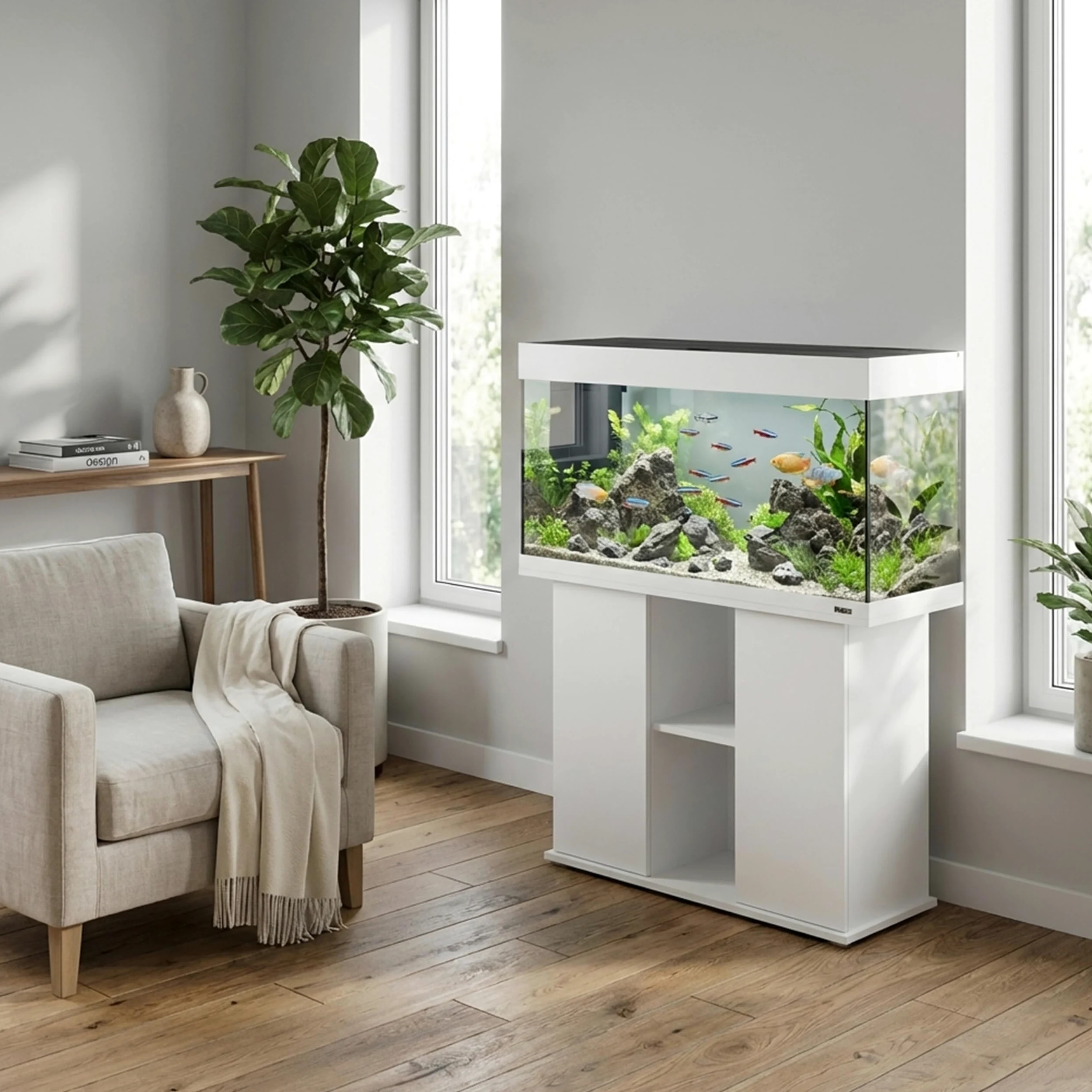 Ferplast Mobile supporto per acquario STAND DUBAI 100 con ante e ripiani, Piedini regolabili, Piano resistente all'acqua, 101 x 41 x h 73 cm, Legno Bianco