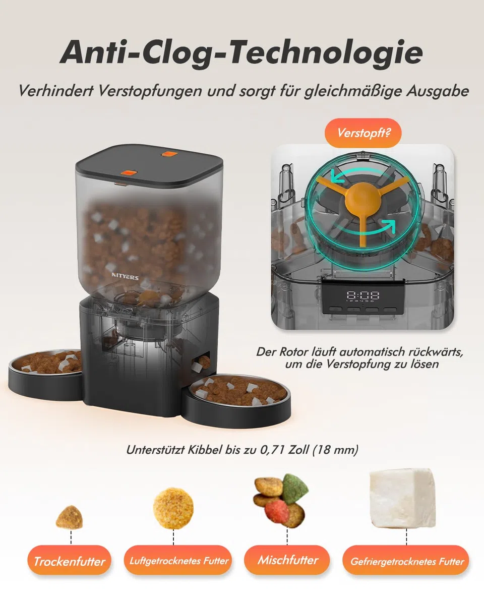 Futterautomat Katze 2 Näpfe für Katzen & Hunde, mit 2 Edelstahlnäpfen | 8L katzenfutterautomat, 2-18mm Trockenfutter, bis zu 50 Portionen 6 Mahlzeiten pro Tag, 10s Sprachaufzeichnung, Frischhaltung