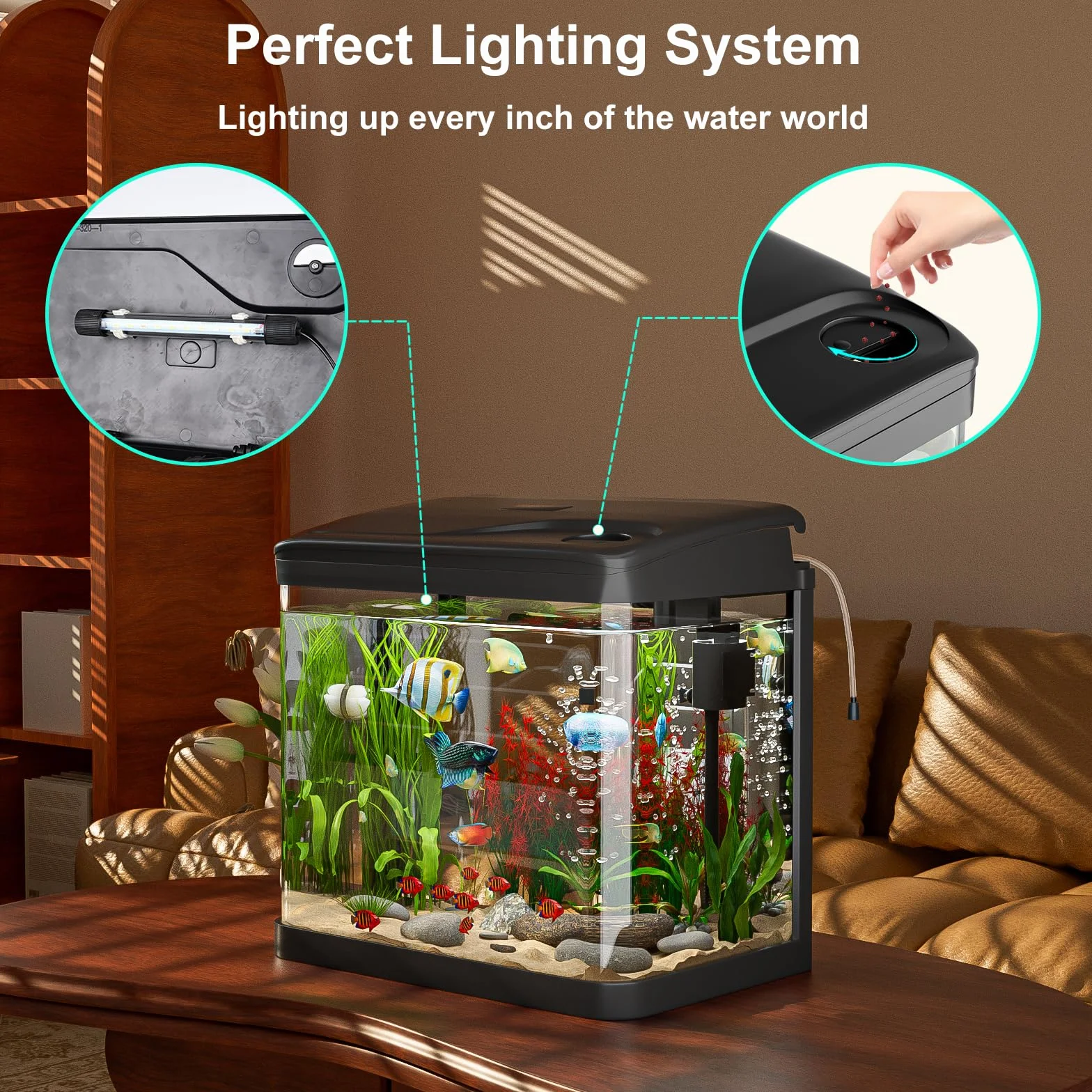 Aquarium Komplettset, Ambesty 15L Nano Aquarium Stabiles Einsteigerbecken mit LED-Beleuchtung und Eingebautem Filtersystem,4-in-1 Smart Aquariums für Fisch, Aquariu Becken stoßfest,Schwarz