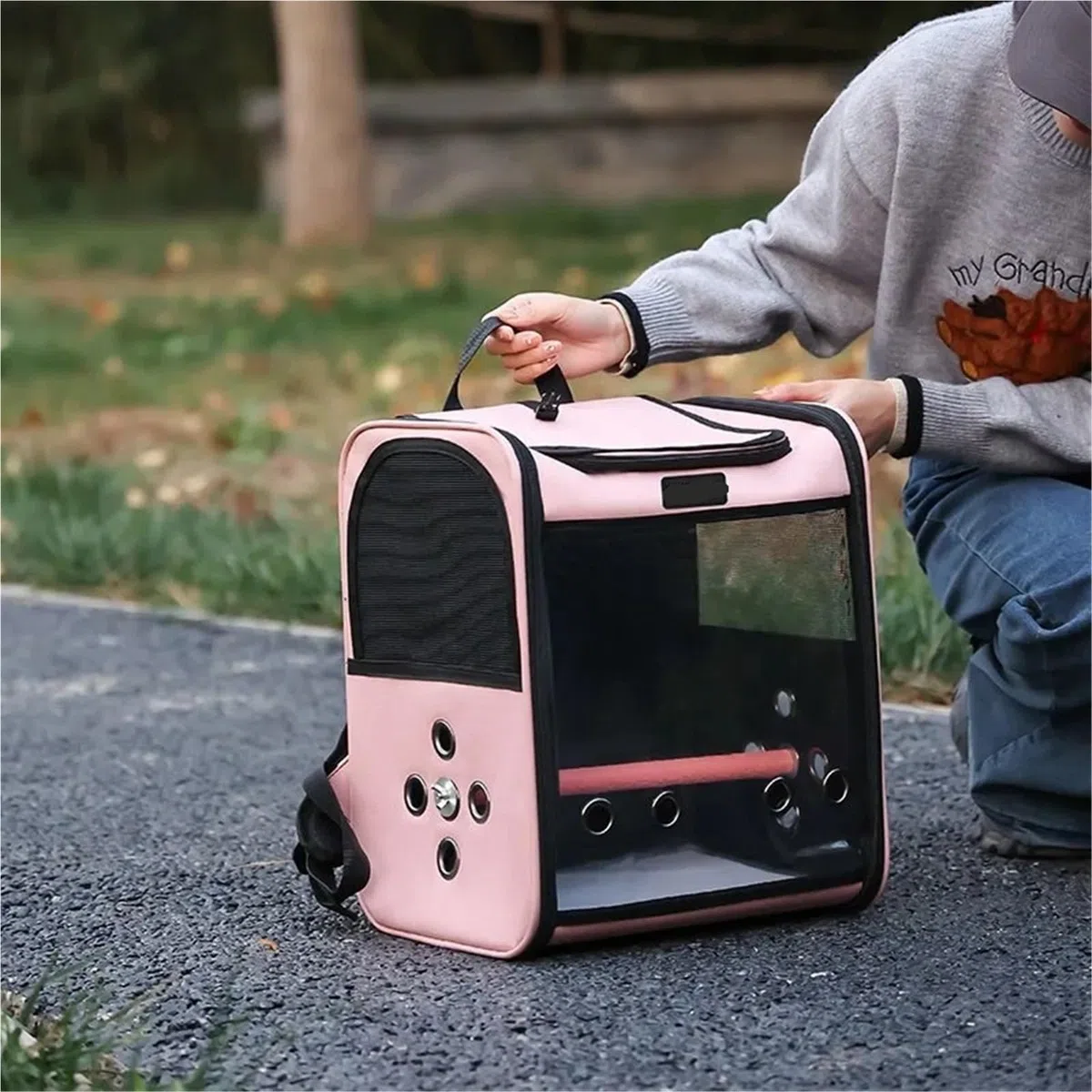 Rucksack für Vögel, Käfig-Tragetasche, Reise-Set, Haustier, Vogel, atmungsaktiv, Doppelschulter, Reisekäfig (Rosa)