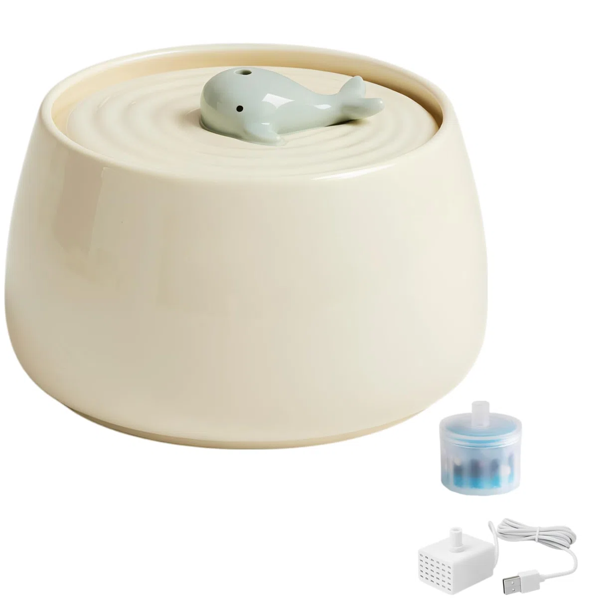 Katzen-Wasserbrunnen im milchweißen Wal-Design, 44 FL oz / 1,3 l Keramik-Trinkspender für Haustiere, Filterkreislauf mit leiser Pumpe, USB-betrieben, Wasserschale für Katzen und kleine Hunde